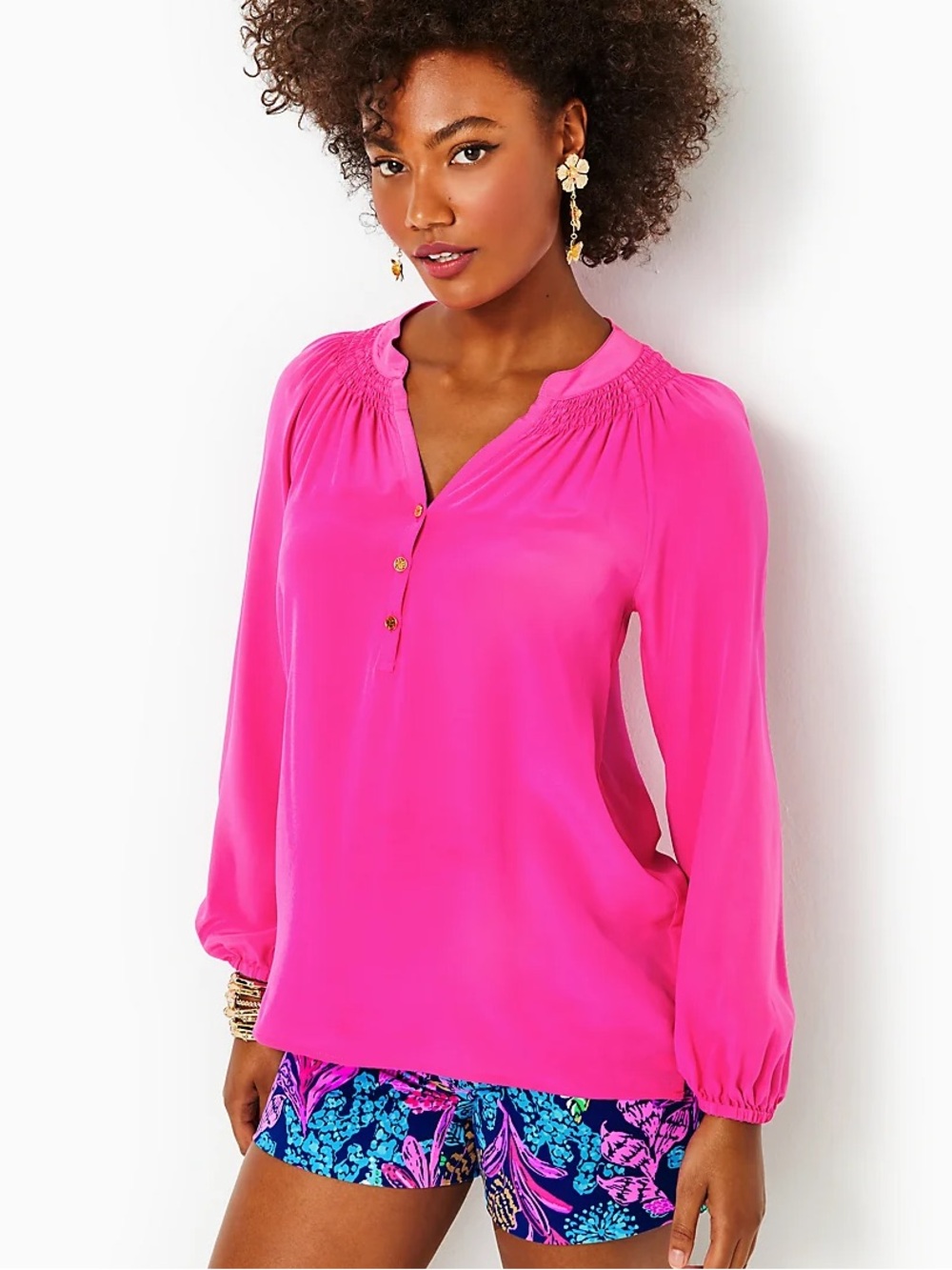 Lilly Pulitzer Elsa Palm Pink 100% Silk Feminine Girly Casual Relax Blouse Top